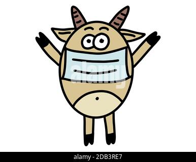 Stier in medizinischer Maske. Symbol des neuen Jahres 2021. Hand gezeichnet Linien Cartoon Doodle Kuh. Weihnachten und Neujahr Konzept. Isolierung von Vektorgrafiken Stock Vektor
