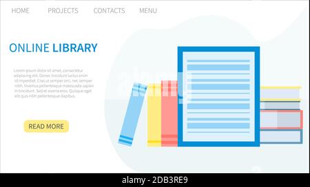Online-Bibliothek, E-Book, digitale Buchhandlung, E-Lesung, Online-Lernen, Bildungskonzept. Vorlage für Landing-Page. Vektorgrafik in flacher Ausführung Stock Vektor