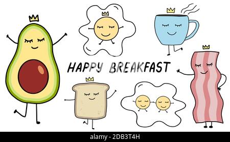 Süßes Frühstücksset. Sammlung von Cartoon Spiegelei, Speck, Tasse Kaffee, Avocado, Toast. Lustige Doodle Zeichen auf weißem Hintergrund isoliert. Essen Stock Vektor