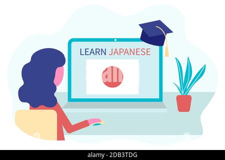 Online Japanisch lernen, Fernunterricht, lernen Konzept. Sprachkurse und Sprachkurse. Studentin studiert Fremdsprachen auf einer Website in einem Stock Vektor