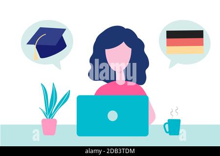 Online Deutsch lernen, Fernpädagogik Konzept. Sprachkurse und Sprachkurse. Studentin studiert Fremdsprachen auf einer Website in einem Laptop Stock Vektor
