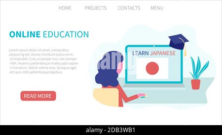 Vorlage für Landing-Page. OOnline Japanisch lernen, Fernunterricht Konzept. Sprachkurse und Sprachkurse. Studentin studiert Fremdsprachen Stock Vektor