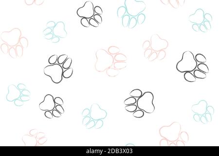 Doodle Hund Pfote nahtloser Hintergrund. Schwarz, blau, rosa Pfotenbahn. Stock Vektor