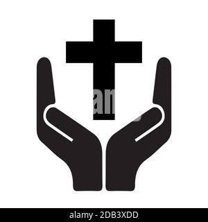 Griff mit Sorgfalt Symbol hält ein christliches Kreuz, Symbol der Pflege der eigenen Religion oder Glauben, minimalistische Vektor-Illustration Stock Vektor