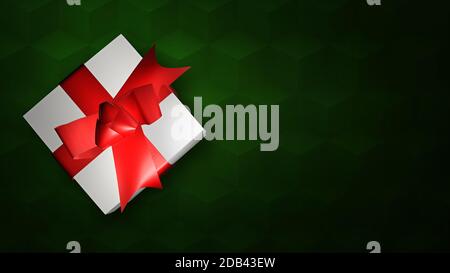 Eine Weihnachts-Geschenkbox mit einem roten Band auf einem kubischen Muster grünen Hintergrund. Eine Top-Ansicht Urlaub Werbung Hintergrund, mit Kopieplatz Stockfoto