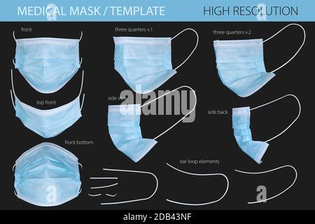 Medizinische Maske auf schwarzem Hintergrund isoliert, Solated Mockup. Stockfoto