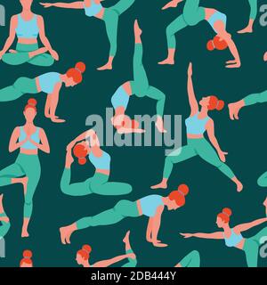 Frauen Ausübung Yoga flache Farbe Trend Vektor nahtlose Muster auf grün. Yoga-Meditation üben Cartoon-Stil. Trainingshintergrund Stock Vektor