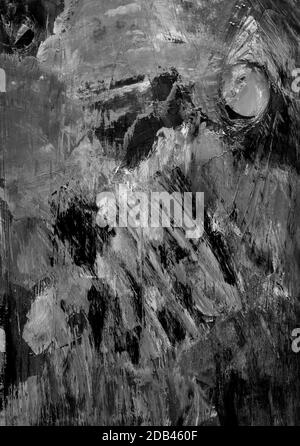 Abstrakter monochromer Hintergrund. Palette mit Ölfarben. Freihändige Pinselstriche. Schwarz-weiß und grauer Hintergrund mit Textur und Kratzern, stai Stockfoto