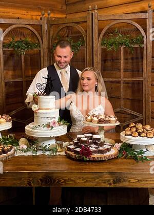 Braut und Bräutigam schneiden Hochzeitstorte Stockfoto