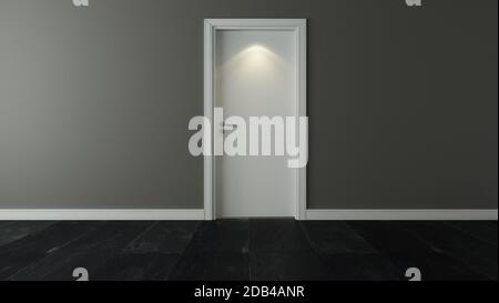Weiße Tür unter dem Punktlicht mit 3D-Rendering in Wand und schwarzem Steinboden Stockfoto