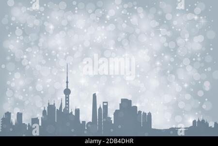 Shanghai City ​​silhouette , Silber abstrakt Schnee fallen Winter weihnachten Stockfoto