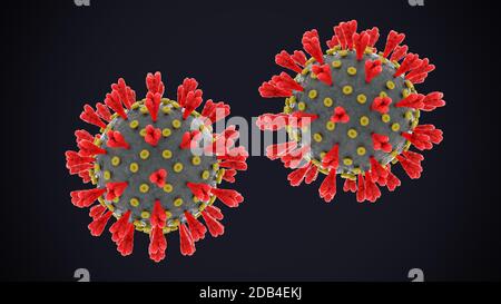 Neuartiges Coronavirus mit roten Proteinvorsprüngen, die an Rezeptor im menschlichen Körper anhaften. 3D-Rendering von infektiösen Mikroben auf dunkelblauem Hintergrund. Visualiz Stockfoto