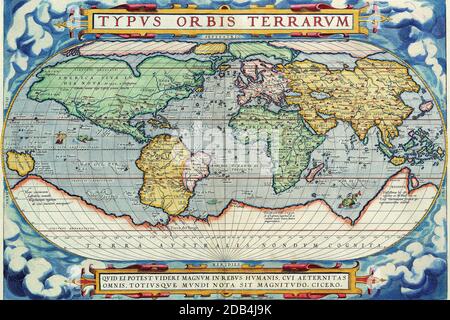 'Abraham Ortelius (Abraham Ortelius) (14. April 1527 ? 28. Juni 1598) war ein flämischer Kartograph und Geograph, allgemein anerkannt als Schöpfer des ersten modernen Atlas, des Theatrum Orbis Terrarum (Theater der Welt). Er wird auch geglaubt, um die erste Person zu sein, die sich vorstellt, dass die Kontinente zusammengeschlossen wurden, bevor sie zu ihren gegenwärtigen Positionen driftten. 1564 vollendete er eine 'Appemonde', achtblättrige Weltkarte, die später in reduzierter Form im Theatrum erschien. Die einzige erhaltene Kopie dieser großartigen Karte befindet sich in der Bibliothek der Universität Basel. Am 20. Mai 1570, Gill Stockfoto