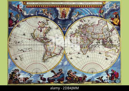 'Willem Janszoon Blaeu (1571-1638) Geboren in Alkmaar, ausgebildet in Astronomie und Naturwissenschaften von Tycho Brahe, dem dänischen Astronomen, gründete sein Geschäft 1599 in Amsterdam. Ursprünglich ein Globus- und Instrumentenbauer, erweiterte er später auf die Veröffentlichung von Karten, topografischen Werken und Büchern von Seekarten. Er kaufte zwischen 30 und 40 Platten des Mercator Atlas von Jodocus Hondius II, die er zum Teil, im Jahr 1630, um seine Atlantis Anhang, ein 60-Karten-Band. Es waren noch fünf Jahre, bevor die ersten beiden Bände seines geplanten Weltatlas, Atlas Novus oder das Theatrum Orbis Terrarum, IS waren Stockfoto