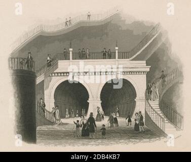 Antike c1845 Gravur, Themse Tunnel. “der Thames Tunnel ist 1200 Meter lang, 76 Meter unter der hohen Wassermarke, war 8 Jahre im Bau, und Kosten £446,000. Eröffnet Am 25. März 1843.“ QUELLE: ORIGINALGRAVUR Stockfoto