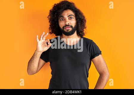 Portrait des selbstbewussten bärtigen Mann sagt, dass alles in Ordnung sein wird, lockiger Kerl in Casual Wear Blick auf Kamera isoliert auf orangenen Hintergrund Stockfoto