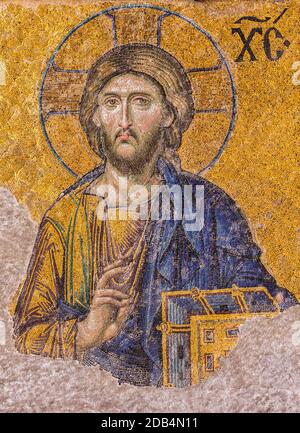 Istanbul, Türkei. Byzantinische Kunst. Detail von Christus in der Deesis, oder Deisis, Mosaik in Haghia Sophia oder Hagia Sophia oder Ayasofya. Erbaut als Kirche Stockfoto