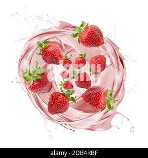 Erdbeer-Milchshake spritzt mit Früchten, auf weißem Hintergrund Stockfoto