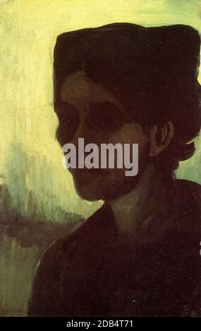 Kopf einer jungen Bauernfrau mit dunkler Mütze. Stockfoto