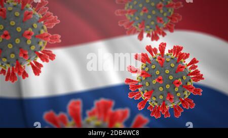 Neuer Ausbruch der Coronavirus-Epidemie in den Niederlanden. Konzept der Ausbreitung von Pandemien mit Flagge im Hintergrund. Infektiöses Virus, das COVID-19 DIS verursacht Stockfoto