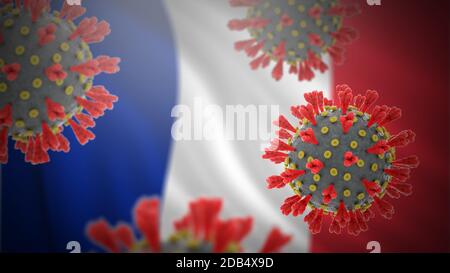 Konzept des neuartiger Ausbruch des Coronavirus pandemic in Frankreich, der die COVID 19-Krankheit verursacht. Detaillierte 3D-Visualisierung eines infektiösen Virus mit Flagge in Backgr Stockfoto