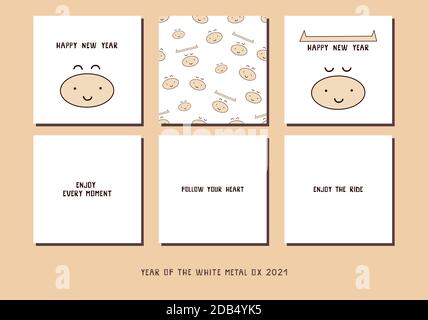 Vektorset. Frohe Weihnachten und ein glückliches neues Jahr 2021. Postkarte mit weißem Ochsen. Symbol des chinesischen Neujahrs. Lächelnder Stier, Kuh. Grußkarte, Einladung Stock Vektor