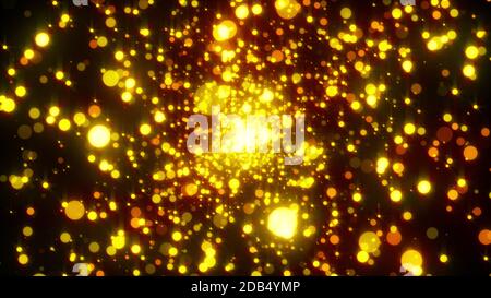 Schimmernde glitzernde Partikel, computergeneriert. 3d Rendering schöne Pailletten und Sterne auf einem schwarzen Hintergrund. Stockfoto