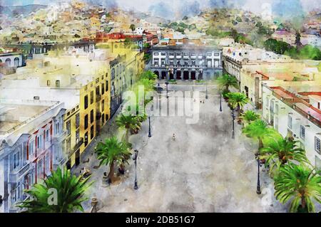 Luftaufnahme der Stadtlandschaft von Las Palmas de Gran Canaria. Aquarelldarstellung. Stockfoto