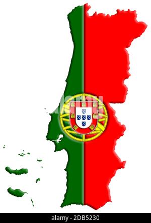 3D-Karte von Portugal mit Farben der Nationalflagge Stockfoto