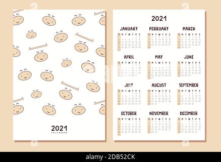 Kalender, Planer A4-Format für 2021 mit einem niedlichen kawaii weißen Ochsen. Symbol des chinesischen Neujahrs. Lächelnder Stier, Kuh. Die Woche beginnt am Sonntag. Kreativ gezeichnet Stock Vektor