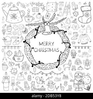 Frohe Weihnachten große handgezeichnete Doodle-Set - alle Elemente, Dekorationen und Zeichen. Skizzieren Vektor-Illustration, Neujahr Urlaub Mega Pack Stock Vektor