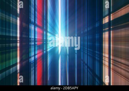 Abstrakt gesättigte analoge bunte Linien Hintergrund. Glühende Strahlen strahlen aus dem Zentrum. 2D-gerendertes Designelement Stockfoto