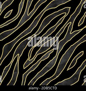 Abstrakt grau schwarz golden Zebra gestreift strukturiert nahtlose Muster Hintergrund. Aquarell Hand gezeichnet monochrome dunkle Tierfell Haut Streifen Textur. W Stockfoto