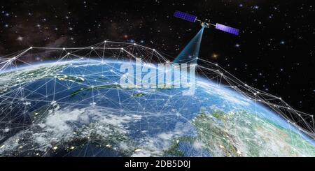 Der Satellit sendet vor dem Hintergrund der hud-Objekte ein Signal an die Erde. 3D-Rendering. Elemente dieses Bildes, das von der NASA eingerichtet wurde. Stockfoto