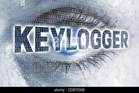 Keylogger-Auge mit Matrix schaut Betrachter Konzept. Stockfoto