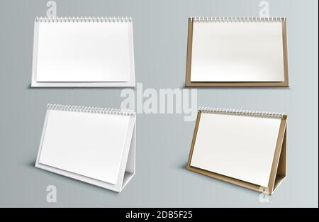 Kalendermockup mit leeren Seiten und Spirale. Horizontaler Tischkalender mit Papierformat, Ansicht von vorne und von der Seite isoliert auf grauem Hintergrund. Agenda, Almanach-Vorlage. Realistische 3d-Vektordarstellung, Set Stock Vektor