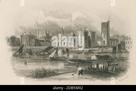 Antike c1850 Gravur, Lambeth Palace. Lambeth Palace ist die offizielle Londoner Residenz des Erzbischofs von Canterbury. Es liegt im Norden von Lambeth, London, am Südufer der Themse. QUELLE: ORIGINALGRAVUR Stockfoto