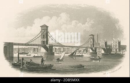 Antike c1850 Gravur, Hungerford Hängebrücke. Die erste Hungerford Bridge, entworfen von Isambard Kingdom Brunel, wurde 1845 als Hängebrücke eröffnet. QUELLE: ORIGINALGRAVUR Stockfoto