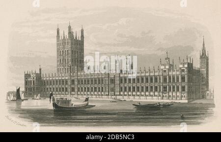 Antike c1850, Gravur, die neuen Häuser des Parlaments. Der Palace of Westminster dient als Treffpunkt für die beiden Häuser des Parlaments des Vereinigten Königreichs. Es liegt am Nordufer der Themse in der City of Westminster, im Zentrum von London, England. QUELLE: ORIGINALGRAVUR Stockfoto