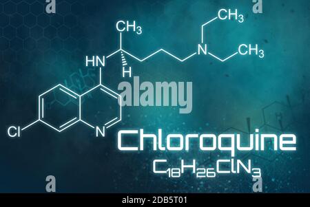 Chemische Formel von Chloroquin auf futuristischem Hintergrund Stockfoto