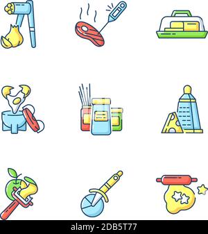 Geschirr für die Zubereitung von Speisen RGB-Farbsymbole eingestellt Stock Vektor