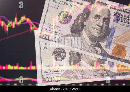 Dollar vor einem Laptop-Monitor mit einem Kursdiagramm.Forex und Trading.EIN Händler handelt Aktien, Anleihen und Wertpapiere oder Währungen auf der Devisenmarke Stockfoto