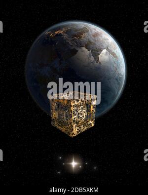 3D goldene Raumsonde nähert sich der Erde für futuristische Tiefraumreisen oder Science-Fiction-Hintergründe. Elemente dieser Abbildung eingerichtet Stockfoto