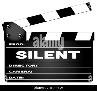 Ein typisches Film-Clapperboard mit der Legende Silent isoliert auf Weiß. Stockfoto