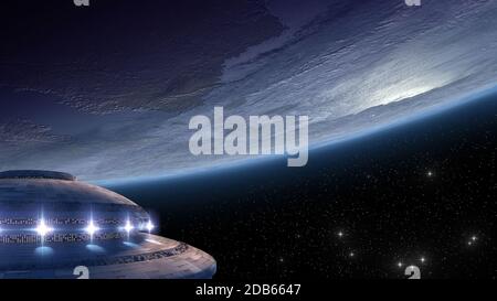 3D Illustration einer fliegenden Untertasse nahe der Erde, für Science-Fiction Hintergründe. Elemente dieses Bildes, die von der NASA eingerichtet wurden Stockfoto