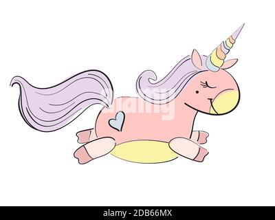 Flying Happy Unicorn auf weißem Hintergrund. Doodle Vektor handgezeichnete Illustration. Niedliche Fantasie Tier Charakter Stock Vektor