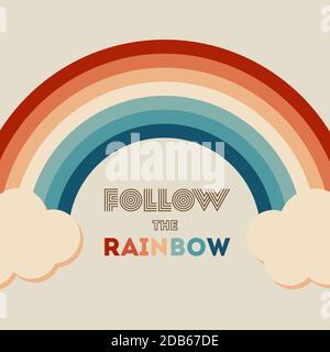 RetroWave 80er Jahre Kunst Retro Regenbogen Vektor Illustration mit inspirierenden Zitat. Zitat für Rainbows - Folgen Sie dem Regenbogen. Abstrakter Regenbogen Hintergrund, tu Stock Vektor