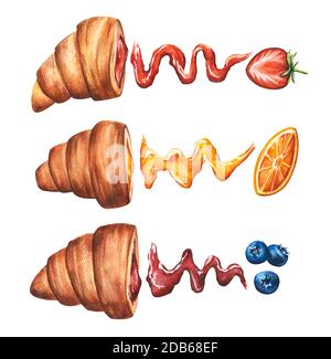 Aquarell handgezeichnetes Set von halben Croissants mit Erdbeer-, Orange-, Heidelbeermarmelade Füllung. Croissants in Scheiben, auf Weiß isoliert Stockfoto