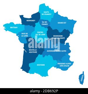 Blaue politische Karte von Frankreich. Administrative Divisionen - Metropolregionen. Einfache flache Vektorkarte mit Beschriftungen. Stock Vektor