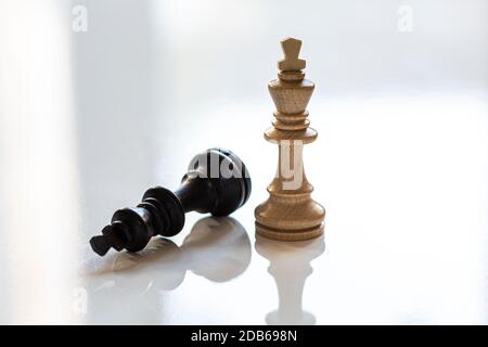 Black King Schach Stück unten mit weißen König stehen über. Reflektierender weißer Hintergrund. Stockfoto